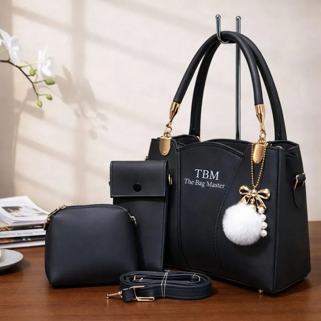TBM 3 Piece Handbag Set Black Rexine for Women