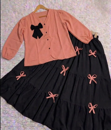 Peach Georgette Bow Skirt Set for Women 22"