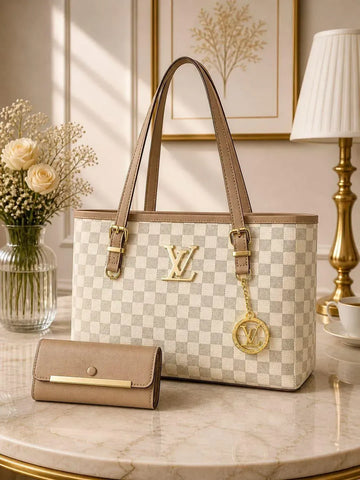 Women's Beige Checkered Shoulder Bag with Gold Plated Hardware Loved by 121+