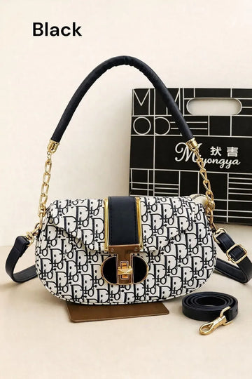Black Printed Shoulder Bag for Girls with Gold Hardware