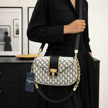 Women's White Leather Shoulder Bag with Gold Chain