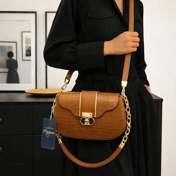 Women's Mustard Leather Shoulder Bag with Chain Strap
