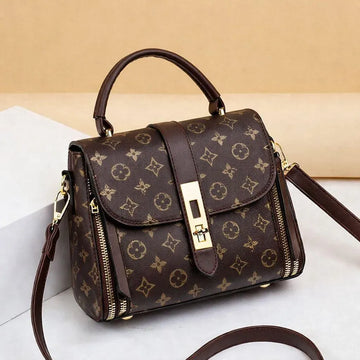 Women's Brown Leather Shoulder Bag with Gold Plated Lock