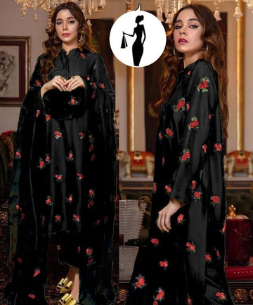 Black Shamoz Silk 3-Piece Suit with Rose Embroidery