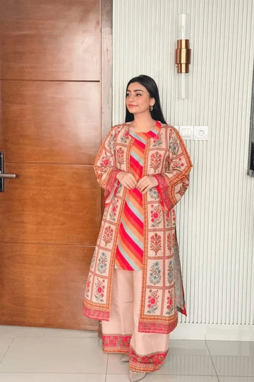 Full Printed 3 Piece Elegant Pink Gown Set
