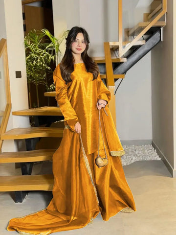 Long Flare Sharara With Lace Dupatta 3Pcs