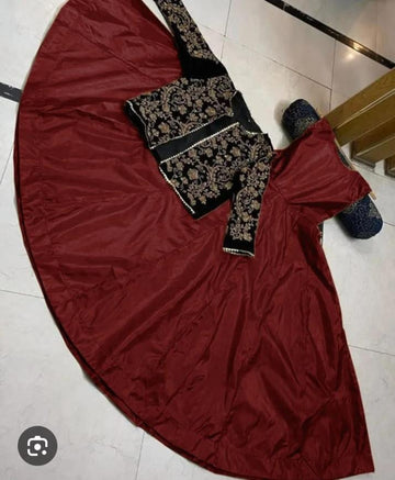 Maroon Shamoz Silk Maxi With Embroidered Jacket 2Pcs