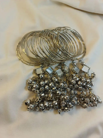 24-Piece Hanging Kara Bangles Silver Mirror Work