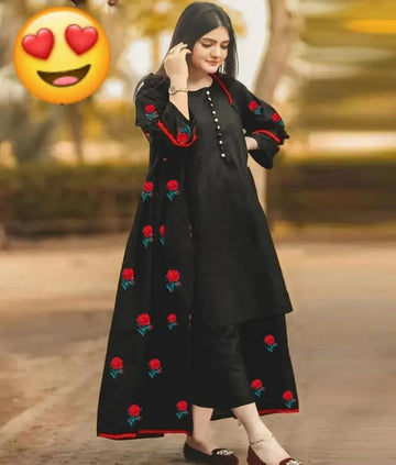 Black Rose Embroidered 3Pcs Silk Gown Set for Women
