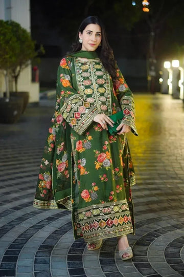 Anneela Printed 3Pcs Embroidered Green Suit Set
