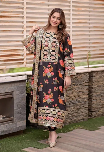 Anheela Printed 3Pcs Embroidered Neck Sleeve Duppata Set