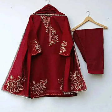 Maroon 3-Piece Embroidered Suit for Women with Gold Work