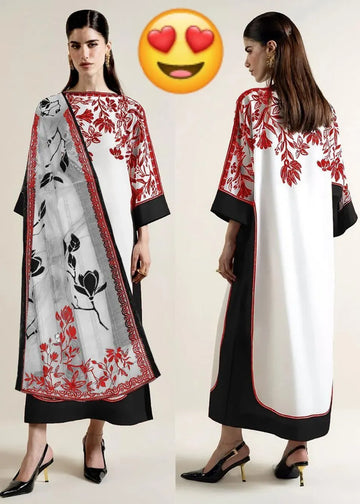3 Piece Kaftan Suit Red Black Floral Print Free Size