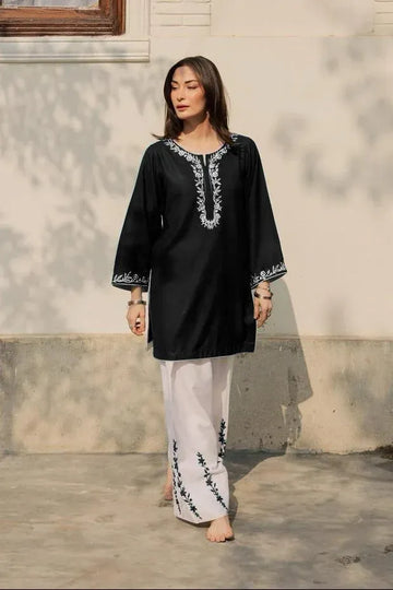Black Embroidered Kurta Pajama Set for Women
