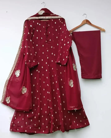 Maroon Sequin Chiffon 3-Piece Wedding Set for Women
