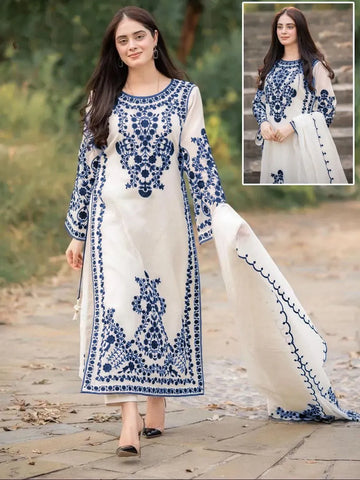 Women's Blue Embroidered 3-Piece Suit Organza Malai