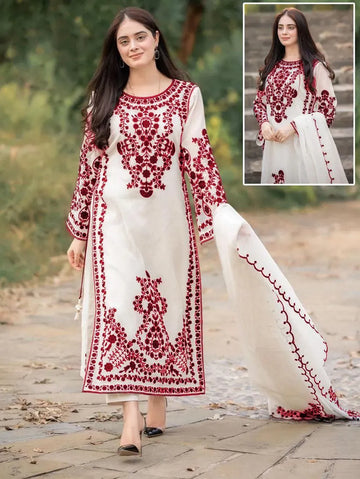 Red Embroidered 3Pc Organza Suit for Women Eid Party Wear