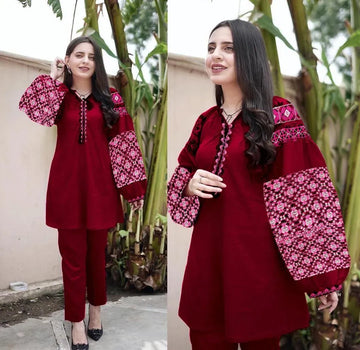 Maroon Linen 2-Piece Suit for Women with Heavy Embroidery
