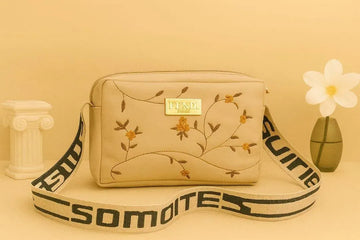 Women's Leather Handbag with Floral Embroidery & Strap