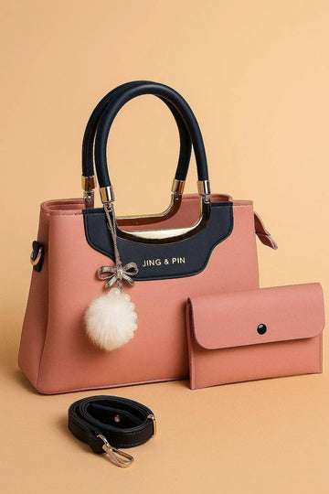 Pink Synthetic Leather Handbag with Belt & Keychain for Girls