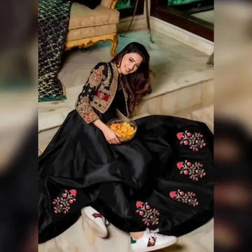 Black Shamoz Silk Maxi & Jacket Set for Eid Party Wear
