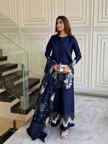 Blue Sequin Embroidered 3Pcs Women Suit Set