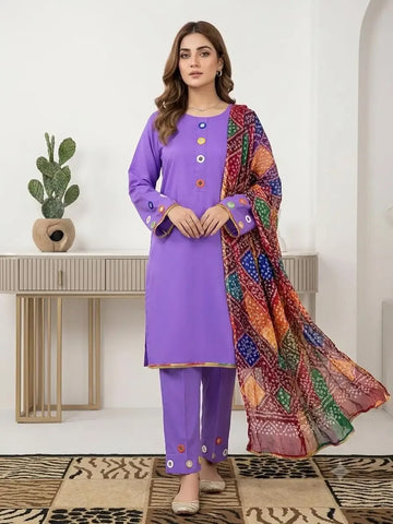 Malai Lawn 3 Piece Dress for Women – Mirror Work Neck & Sleeves, Farshi Shalwar with Mirror Work,