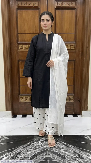 3Pcs Women's Stitched Cotton Lawn Block Printed Suit Viral Heart Printed with Lace