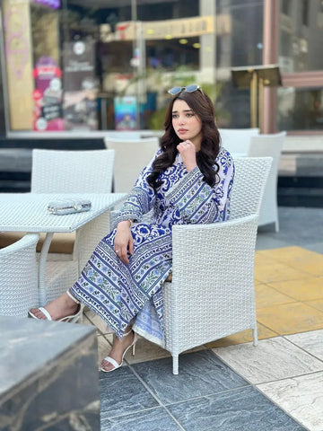 Long Printed 2PC Doria Lawn Suit Blue White