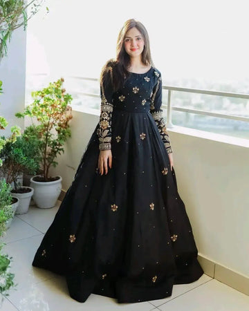 Black Embroidered Chiffon Maxi Dress for Women
