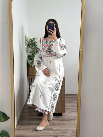 Women Embroidered Cotton Shirt Trouser Set White