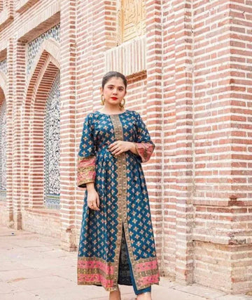 Premium Silk Printed Frock & Trouser Set Blue Gold Pink