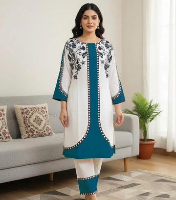 Pakistani Embroidered Kurta Set Blue White