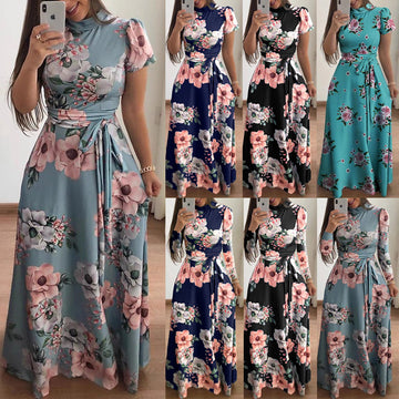 Floral Long Dress for Women with Short Sleeves