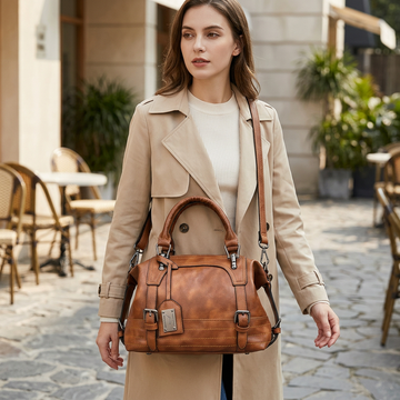 Waxed Leather Boston Bag for Women Retro Shoulder Crossbody