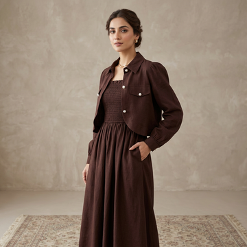 Brown Linen 2-Piece Set with Pearl Buttons & Flared Skirt