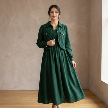 Green Linen 2Pcs Women's Party Dress Set