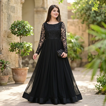 Black Chiffon Sequin Embroidered Maxi Dress with Trouser Set