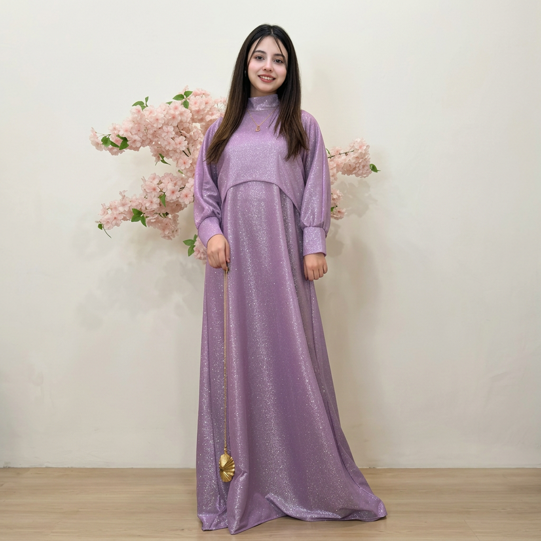 Purple Glitter Maxi Dress Set 2Pcs U-Neck Cap With Straps