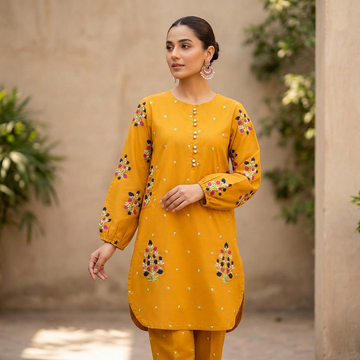 Yellow Embroidered 2-Piece Cotton Set for Women