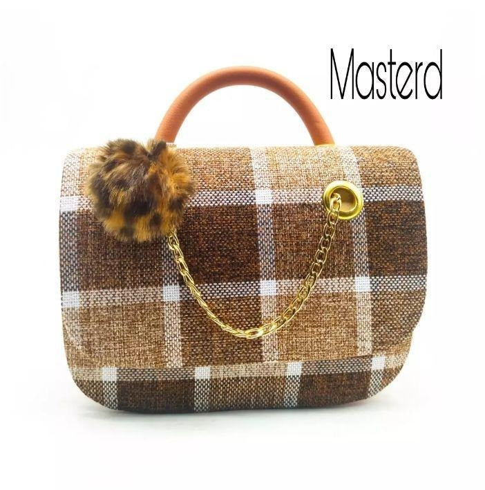 Jute Plaid Shoulder Bag Red Pom Pom Gold Chain