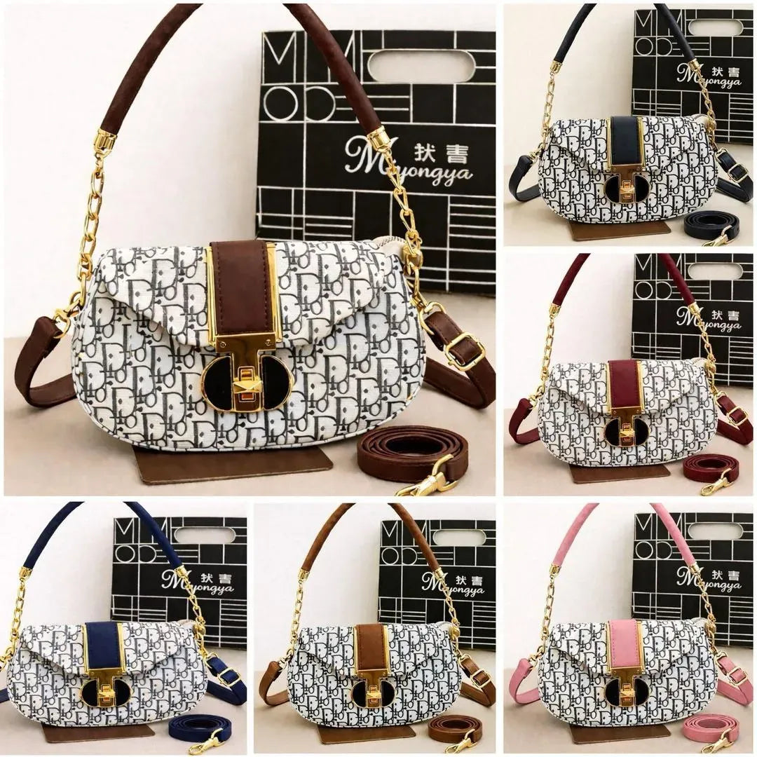 Black Printed Shoulder Bag for Girls with Gold Hardware