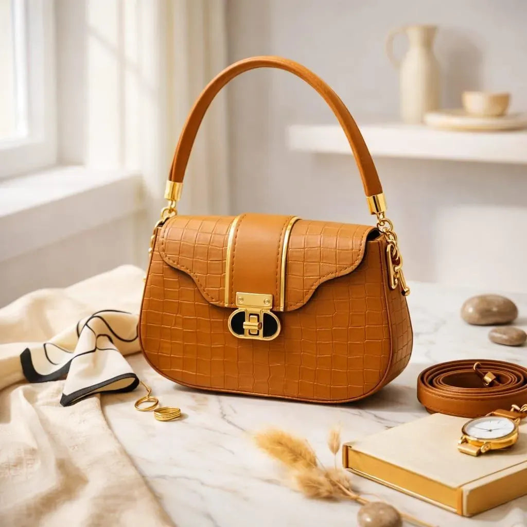 Women's Mustard Leather Shoulder Bag with Chain Strap