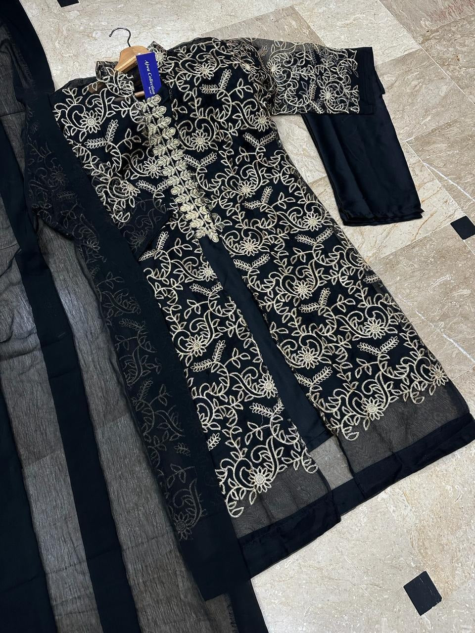 Black Embroidered 4-Piece Shamoz Silk Gown Suit Set