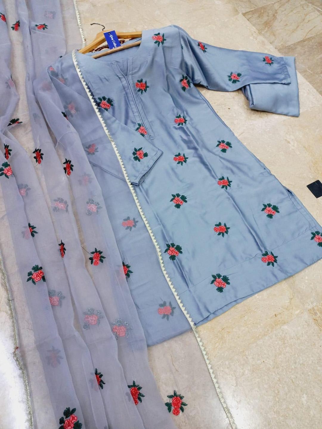 Grey Embroidered Shamoz Silk 3Pcs Women Suit