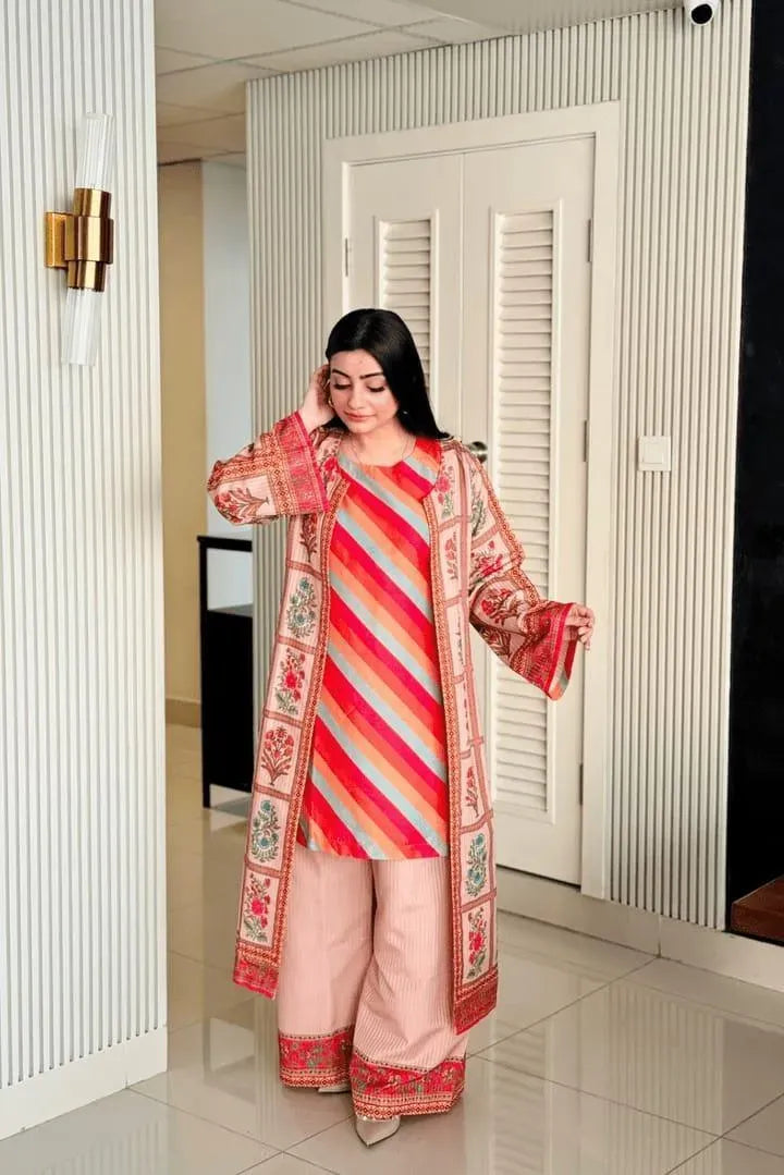 Full Printed 3 Piece Elegant Pink Gown Set