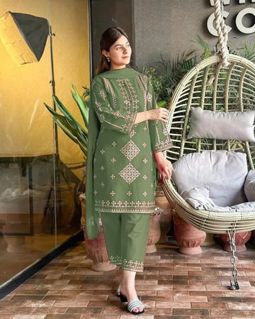 3 Pcs Women's Stitched Cotton Sequins Embroidered Suit