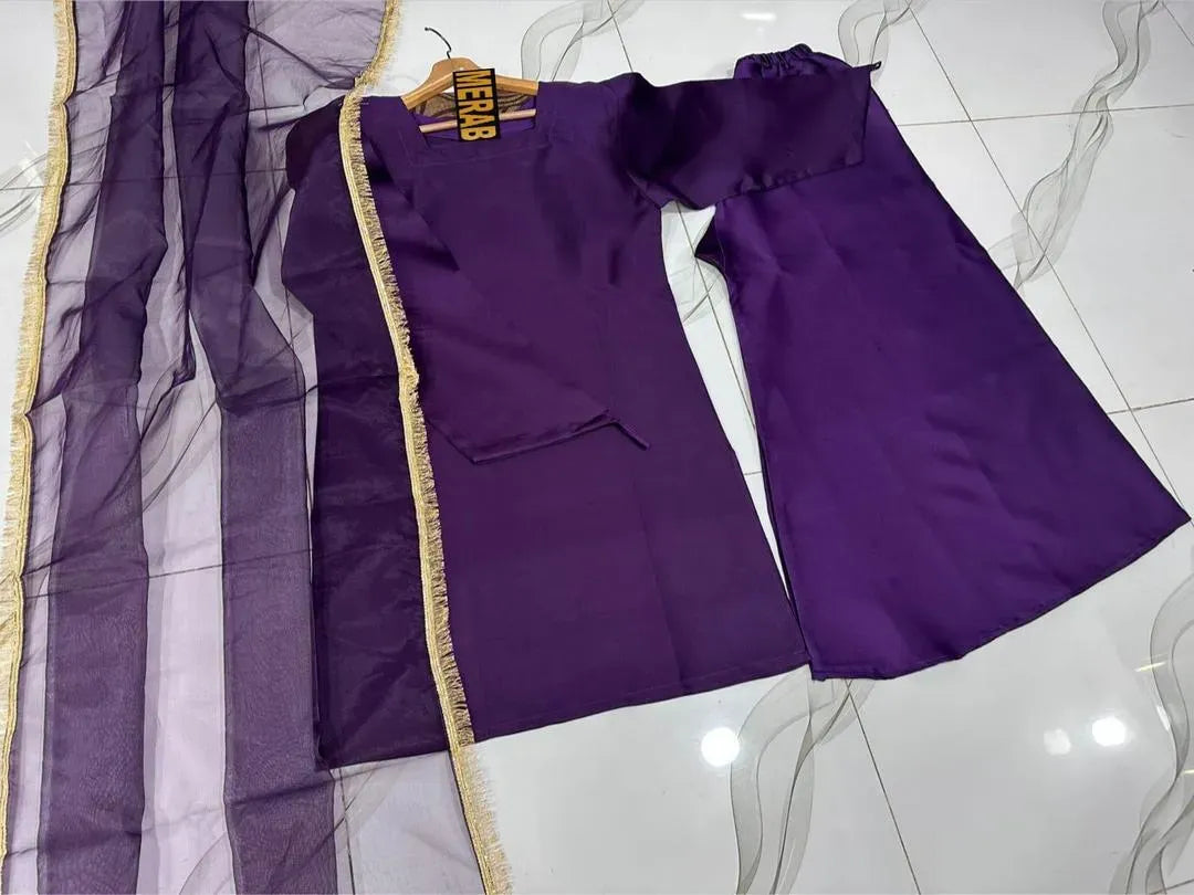 Purple Long Flare Sharara Set 3Pcs with Lace Dupatta