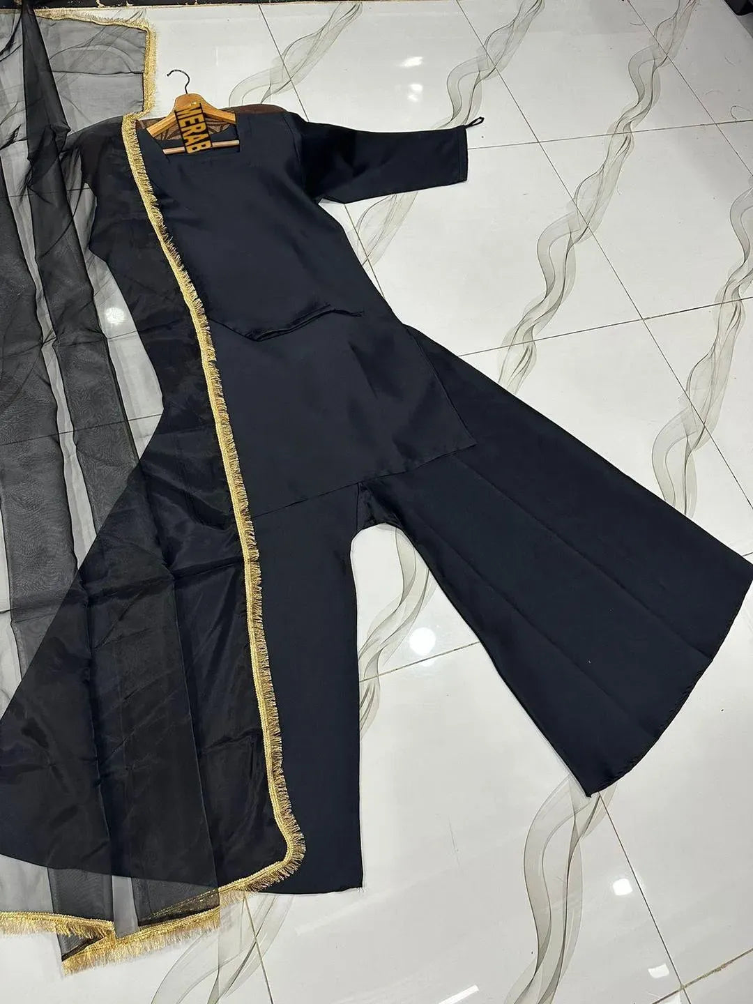 Black Long Flare Sharara Set with Lace Dupatta