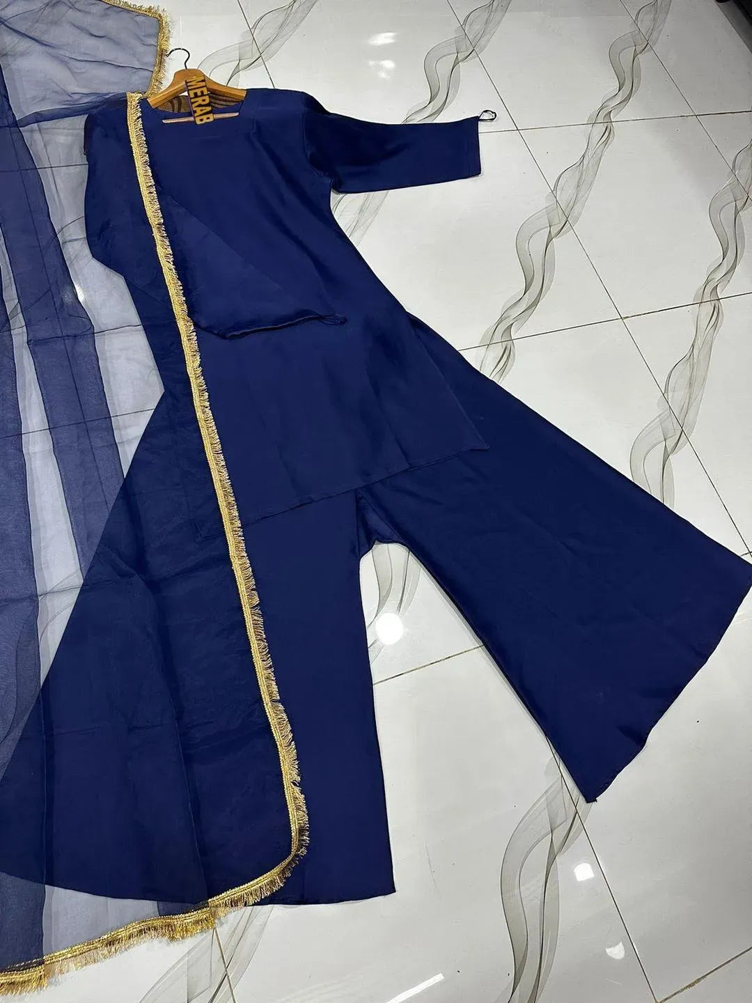 Long Flare Sharara With Lace Dupatta 3Pcs